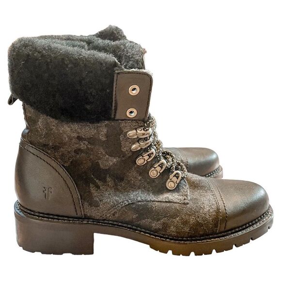 Frye Samantha Camo Hiker Combat Boots Shearling - Picture 6 of 9